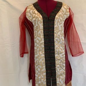 Red/cream silk tunic, red netted 3/4 sleeve